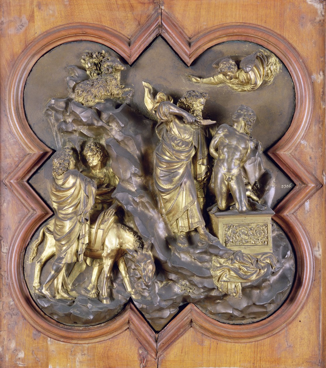 Ofiarowanie Izaaka, płaskorzeźba konkursowa z brązu do Drzwi Chrzcielnicy, Florencja, 1401 (brąz) autorstwa Lorenzo Ghiberti