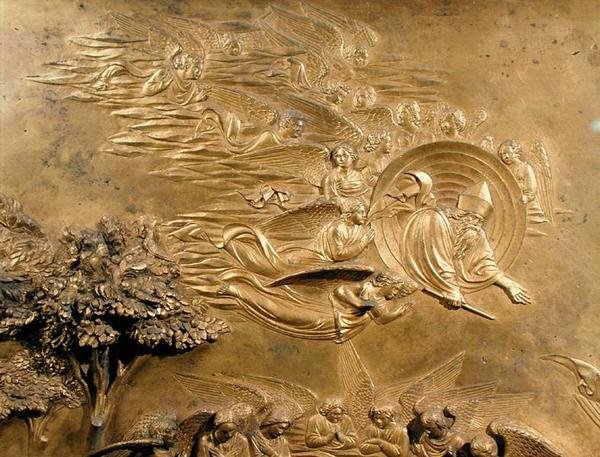Historia Adama, fragment Boga Ojca z Aniołami, z jednego z oryginalnych paneli z Wschodnich Drzwi Baptysterium autorstwa Lorenzo Ghiberti