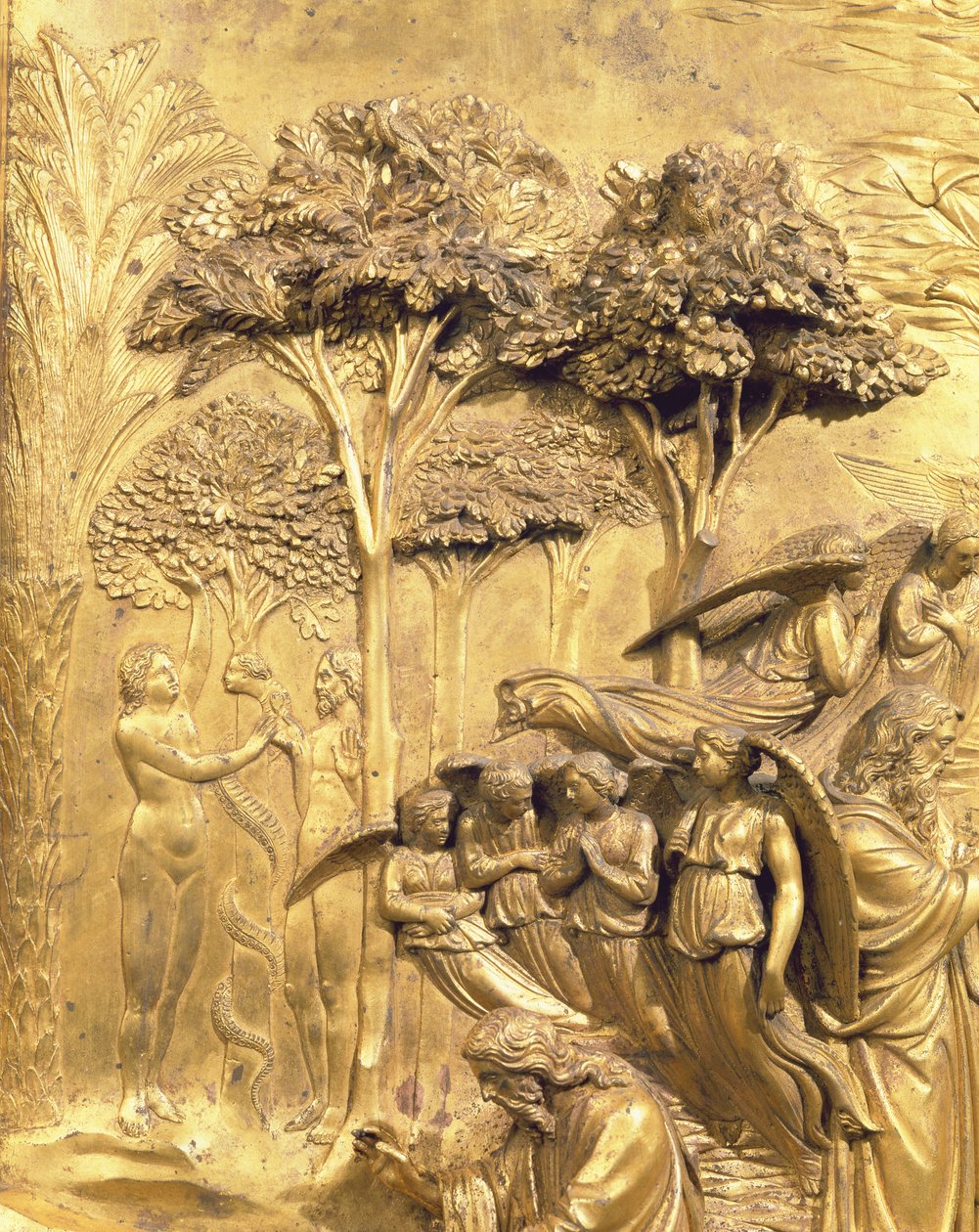 Historia Adama, fragment Kuszenie Adama i Ewy, z jednego z oryginalnych paneli z Wschodnich Drzwi Baptysterium, 1425-52 odrestaurowany post pozłacany brąz autorstwa Lorenzo Ghiberti
