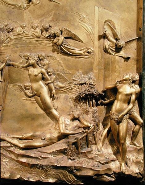Historia Adama, szczegół Stworzenia Ewy i Wypędzenia, z jednego z oryginalnych paneli ze Wschodnich Drzwi Baptysterium autorstwa Lorenzo Ghiberti