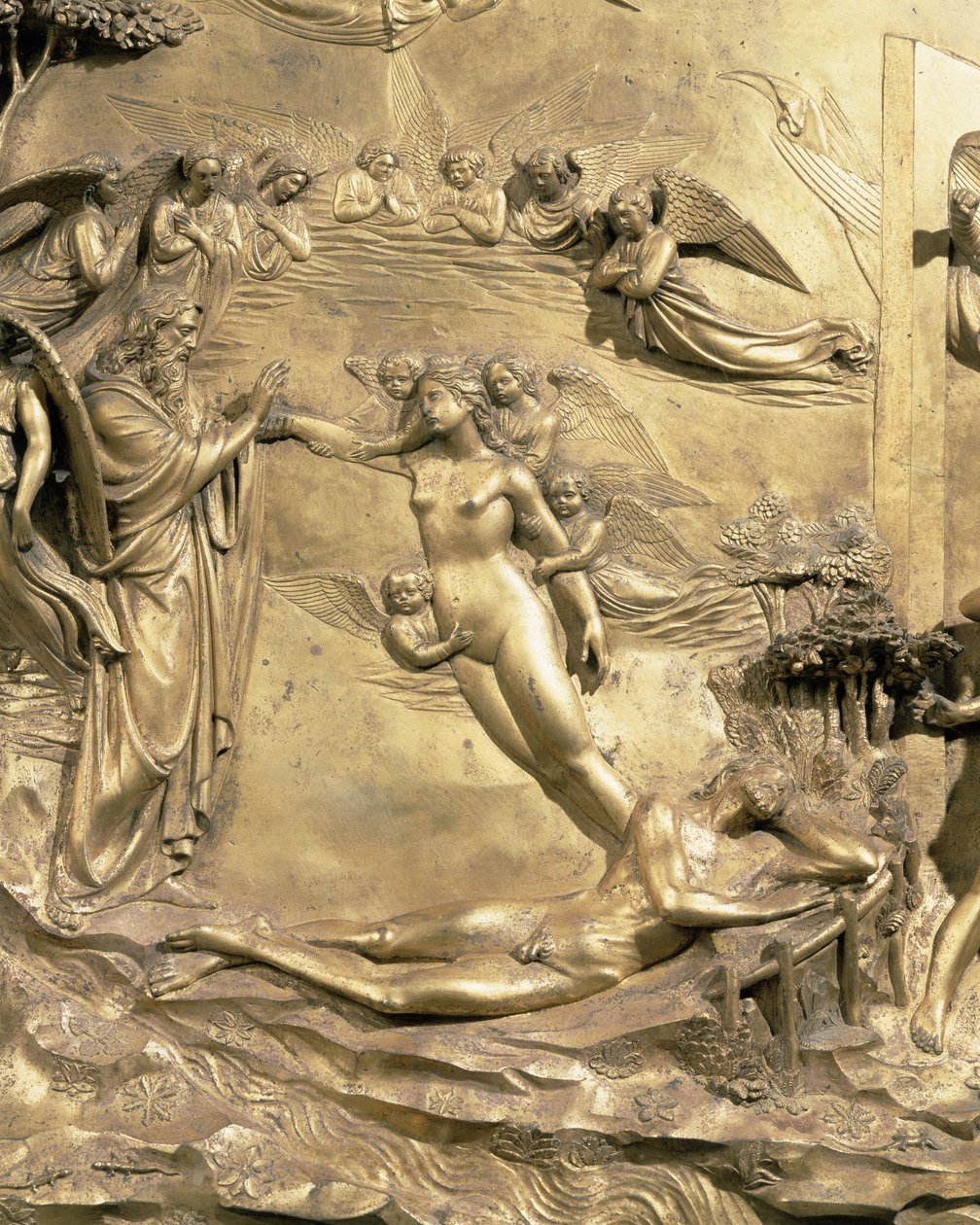 Historia Adama, szczegół Stworzenia Ewy, z jednego z oryginalnych paneli ze Wschodnich Drzwi Baptysterium, 1425-52, złocona brązowa rekonstrukcja. autorstwa Lorenzo Ghiberti