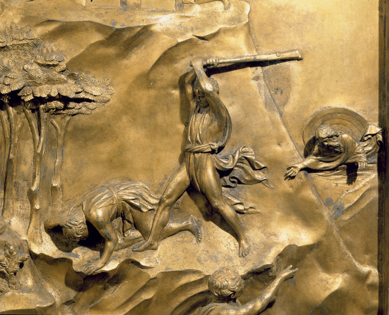 Opowieść o Kainie i Ablu, detal przedstawiający zabicie Abla, oryginalny panel ze wschodnich drzwi baptysterium, 1425-52, złocona konserwacja z brązu autorstwa Lorenzo Ghiberti