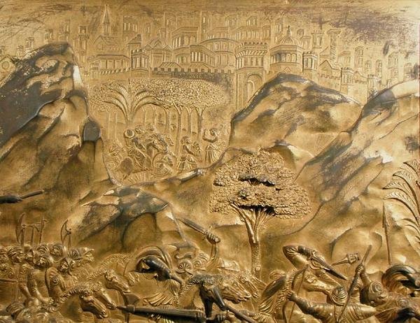 Historia Dawida i Goliata, szczegóły tła z oryginalnego panelu ze Wschodnich Drzwi Baptysterium autorstwa Lorenzo Ghiberti