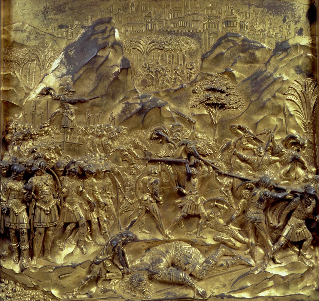Historia Dawida i Goliata, jedna z dziesięciu płaskorzeźb z Bramy Raju (drzwi wschodnie), 1425-52 (brąz złocony) (patrz także 87652-59 i 87661-67) autorstwa Lorenzo Ghiberti