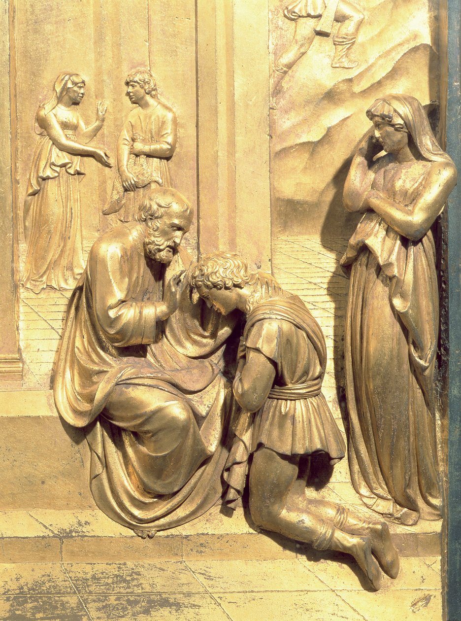 Opowieść o Jakubie i Ezawie, detal Izaaka błogosławiącego Jakuba, z oryginalnego panelu ze wschodnich drzwi baptysterium, 1425-52, złocona konserwacja z brązu autorstwa Lorenzo Ghiberti