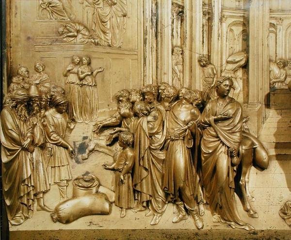 Historia Józefa, szczegół odnalezienia srebrnego kielicha, z oryginalnego panelu ze wschodnich drzwi baptysterium autorstwa Lorenzo Ghiberti