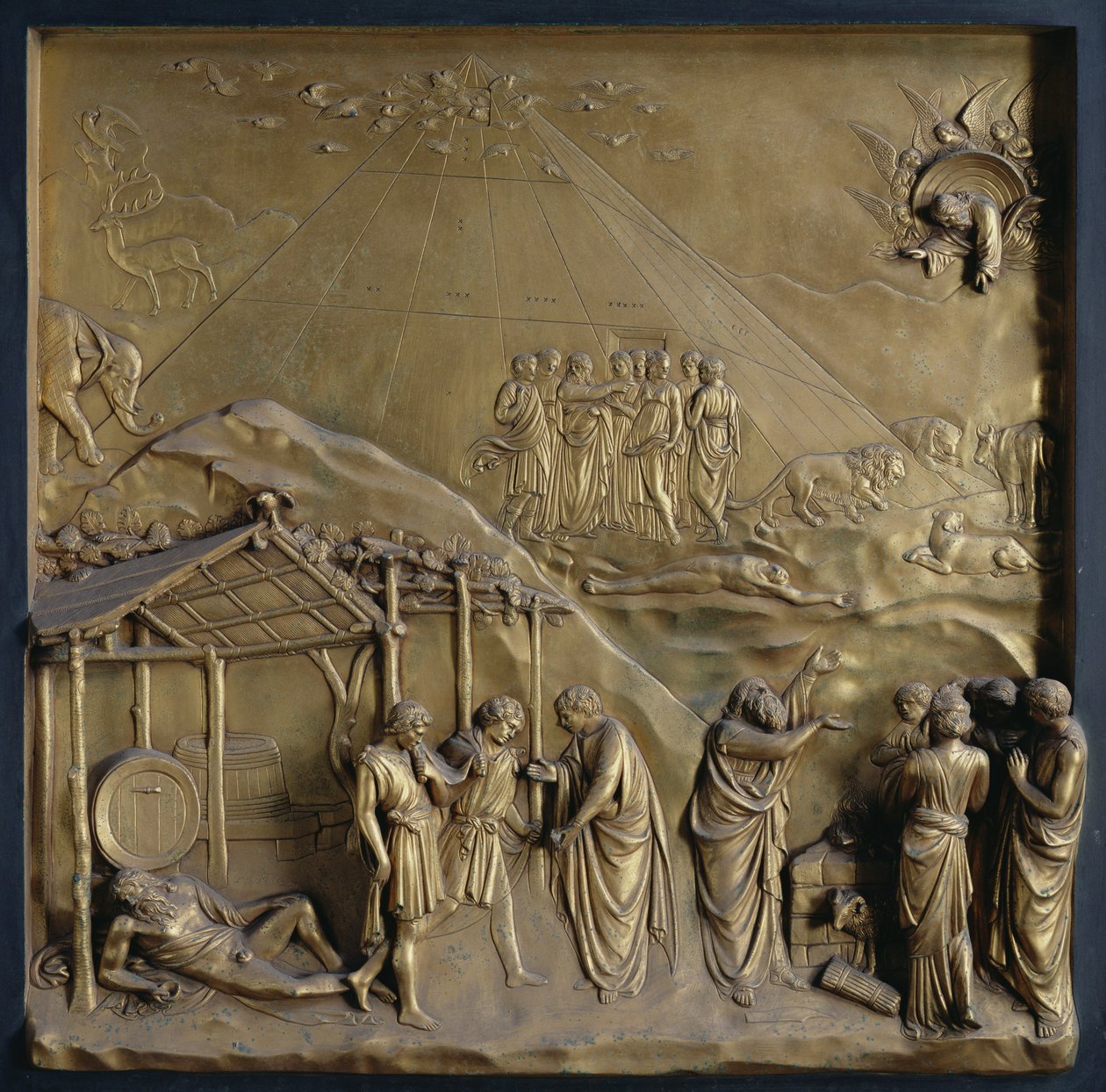 Historia Noego: wyjście z arki, pijaństwo Noego i jego ofiara Bogu, jedna z dziesięciu płaskorzeźb z Bram Raju (wschodnie drzwi), 1425-52 (z pozłacanego brązu) (zob. także 87652-53 autorstwa Lorenzo Ghiberti