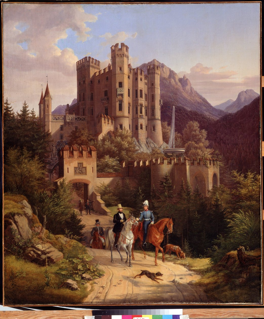 Le prince couronne Maximilien a cheval, Hohenschwangau (Książę koronny Maksymilian jadący w Hohenschwangau). Maksymilian II Bawarski (1811-1864) przed swoim zamkiem Hohenschwangau w Bawarii (Niemcy). Obraz Lorenzo II Quaglio (1793-1869) autorstwa Lorenzo II Quaglio