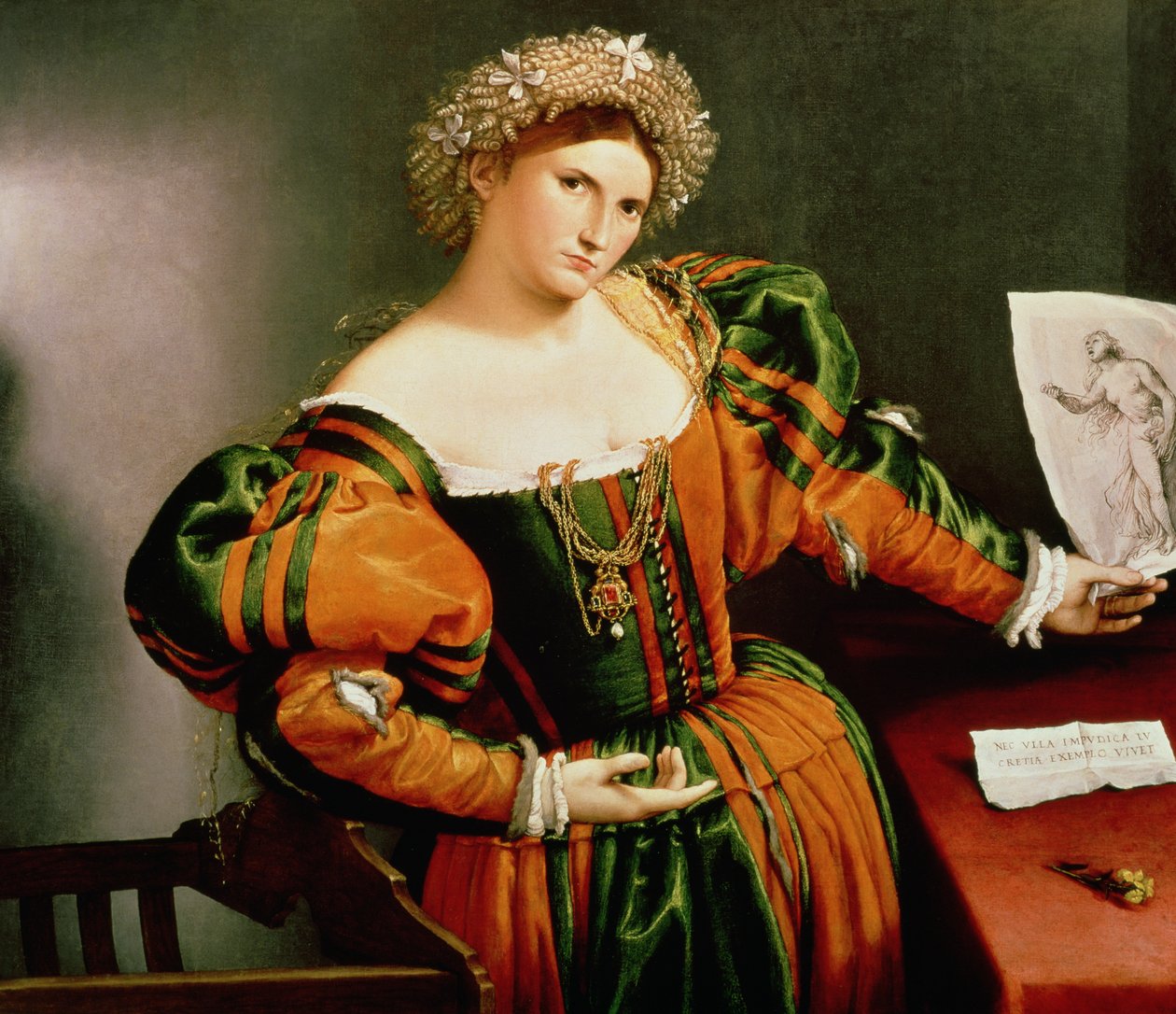 Dama z rysunkiem Lukrecji, ok. 1530-33 (olej na płótnie przeniesiony z drewna) autorstwa Lorenzo Lotto