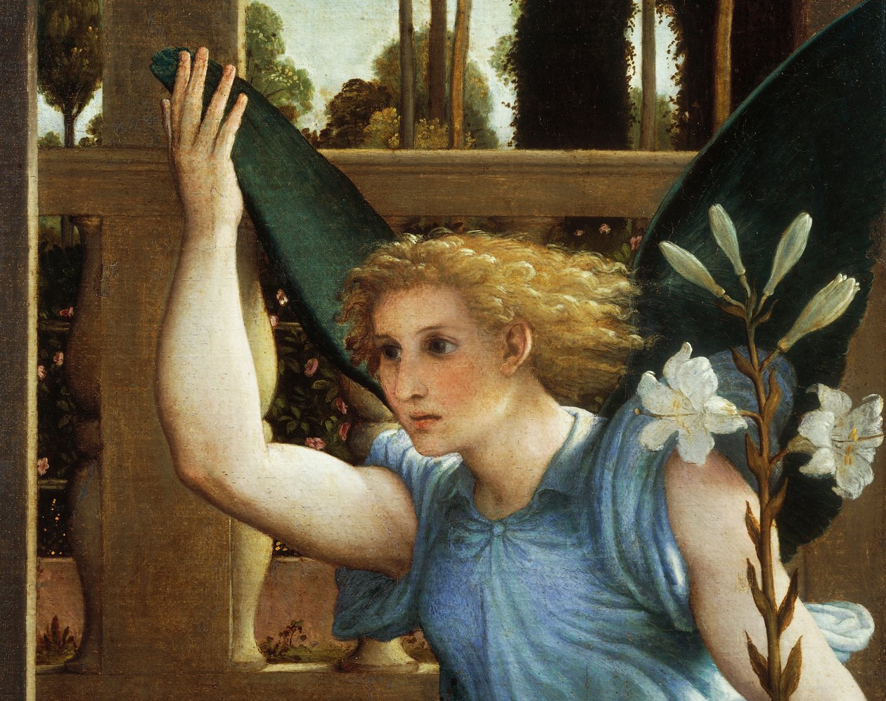 Anioł Zwiastowania, fragment Zwiastowania, ok. 1434, Lorenzo Lotto (1480-1556), olej, płótno autorstwa Lorenzo Lotto