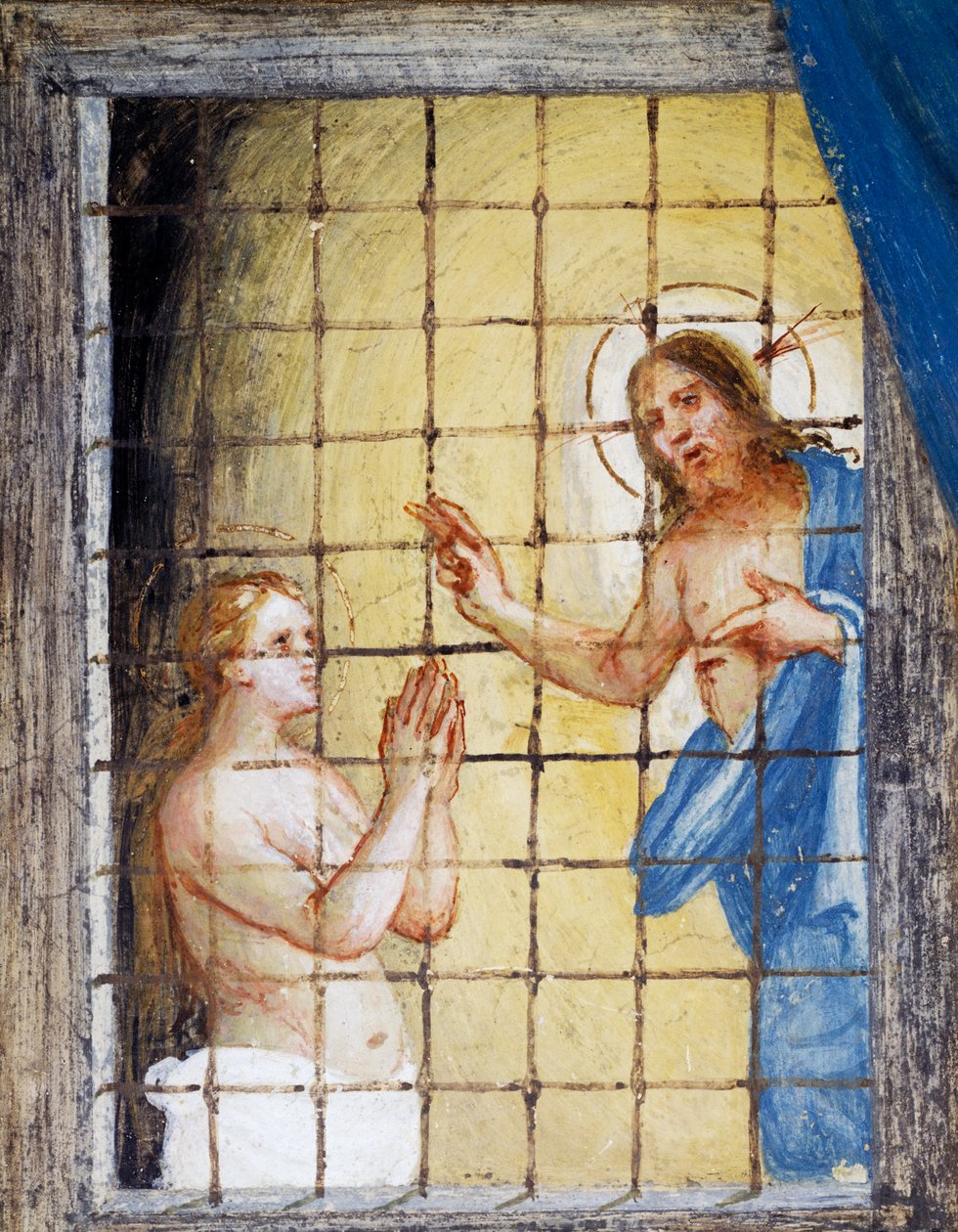 Chrystus odwiedzający św. Barbarę w więzieniu i uzdrawiający ją, fragment z Opowieści św. Barbary autorstwa Lorenzo Lotto