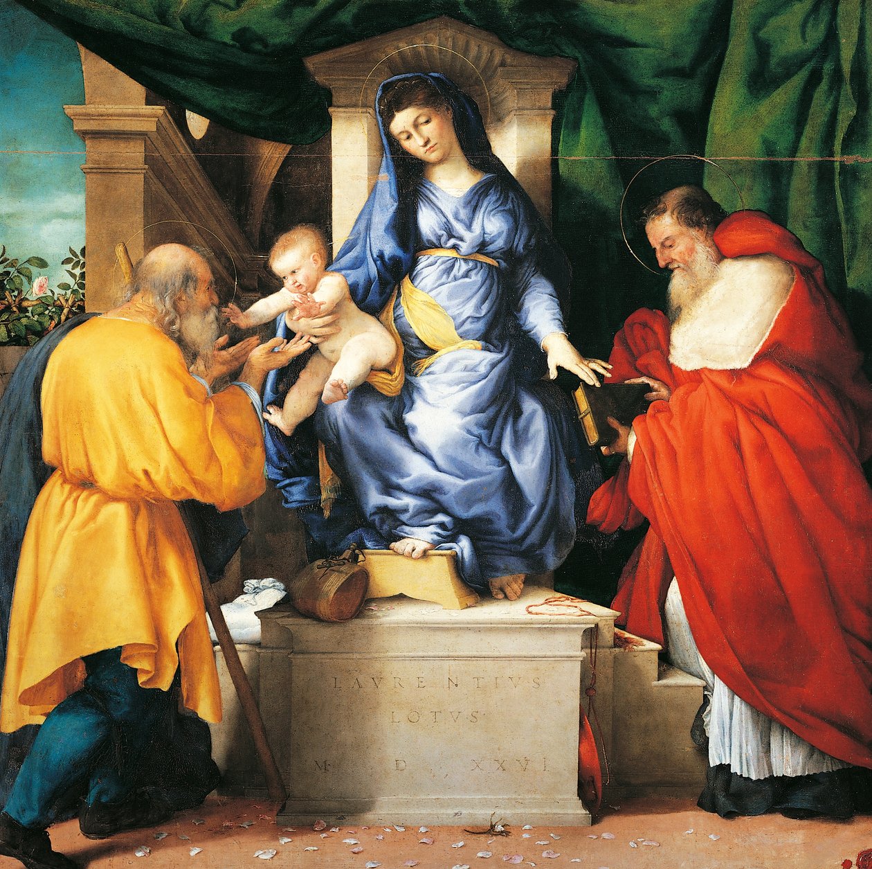 Madonna z Dzieciątkiem na tronie ze świętymi Giuseppe i Hieronima, centralny panel Ołtarza San Francesco al Monte, ok. 1525, pędzla Lorenzo Lotto (1480 ok.-1556), olej, płótno autorstwa Lorenzo Lotto
