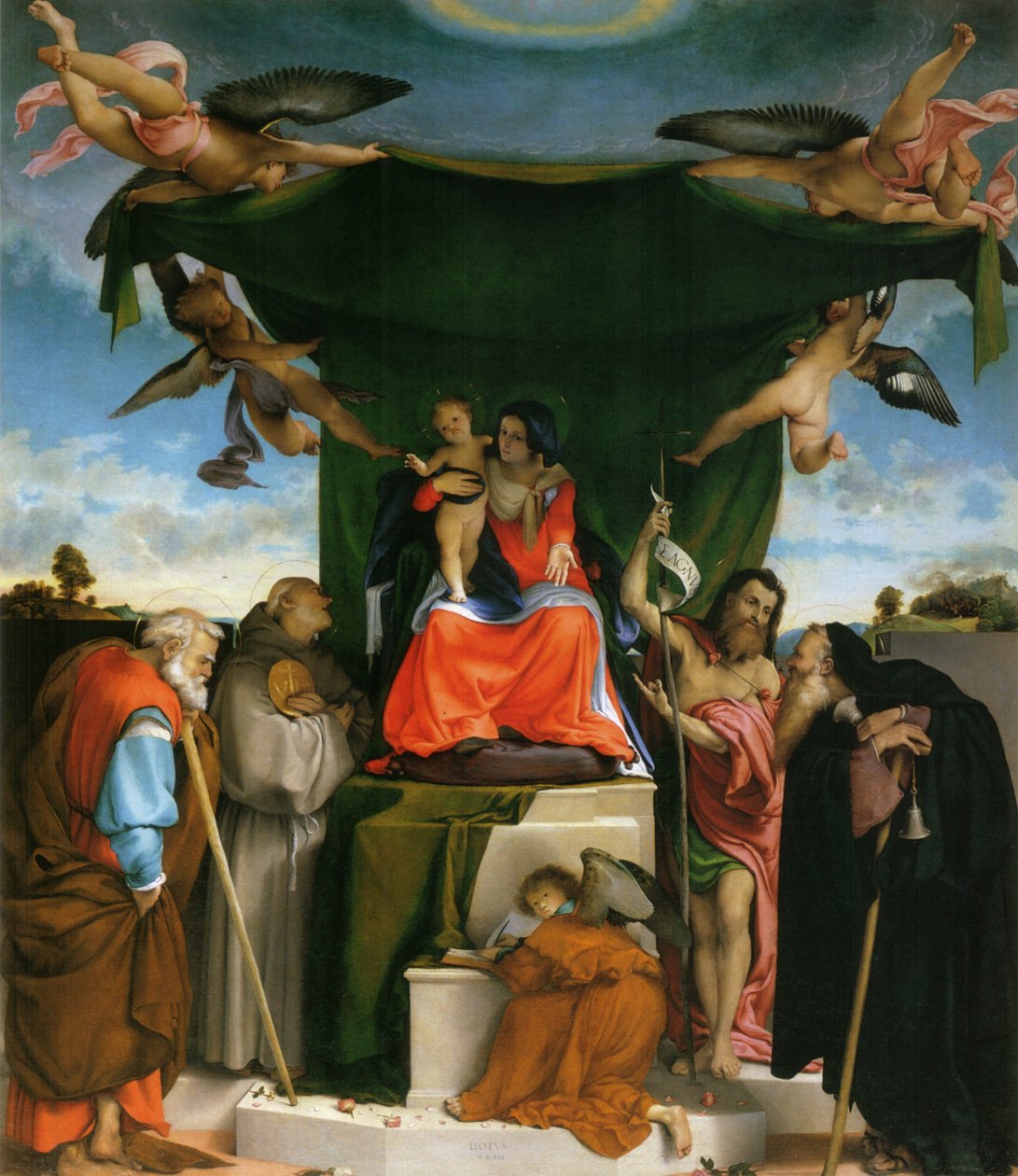 Niemiecki: Tronująca Madonna, Engel und Heilige Madonna na tronie z dzieckiem, aniołami i świętymi autorstwa Lorenzo Lotto