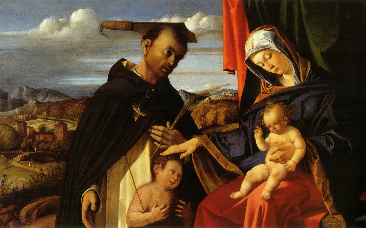 Włoski:  Madonna col Bambino e San Pietro Martire Madonna z Dzieciątkiem i młodym św. Janem Chrzcicielem i św. Piotrem Męczennikiem autorstwa Lorenzo Lotto