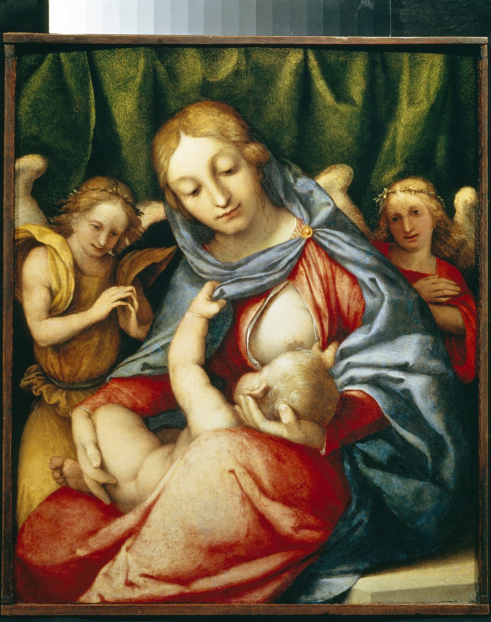 Dziewica karmiąca piersią. (Madonna Del latte). Obraz Lorenzo Lotto (1480-1556), olej na płótnie, ok. 1520. Sztuka włoska (Wenecja) autorstwa Lorenzo Lotto