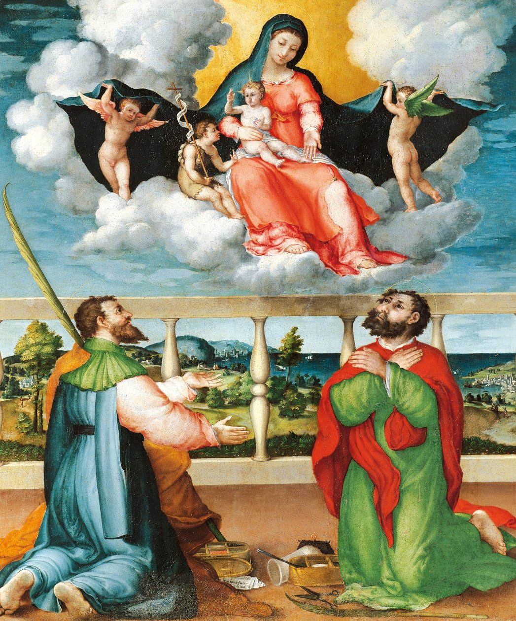 Madonna w chwale ze świętymi Kosmą i Damianem w adoracji autorstwa Lorenzo Lotto