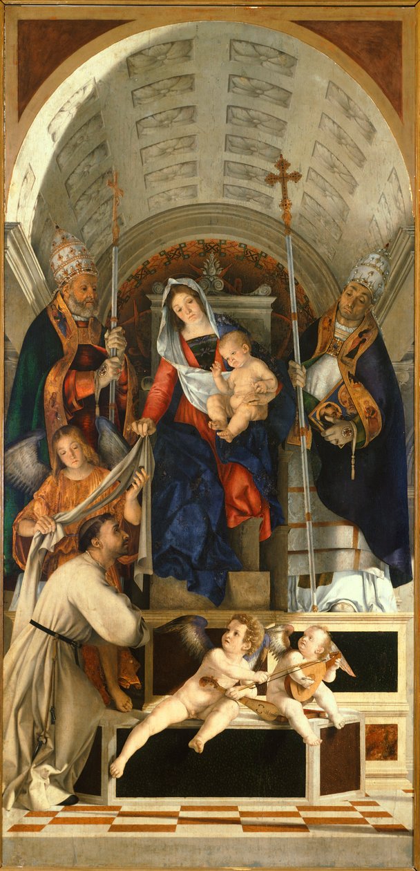 Madonna z Dzieciątkiem i świętymi Dominikiem, Grzegorzem i Urbanem, stół główny Ołtarza San Domenico z Recanati autorstwa Lorenzo Lotto (1480 ca-1556), olej na płótnie, 227x108 cm autorstwa Lorenzo Lotto