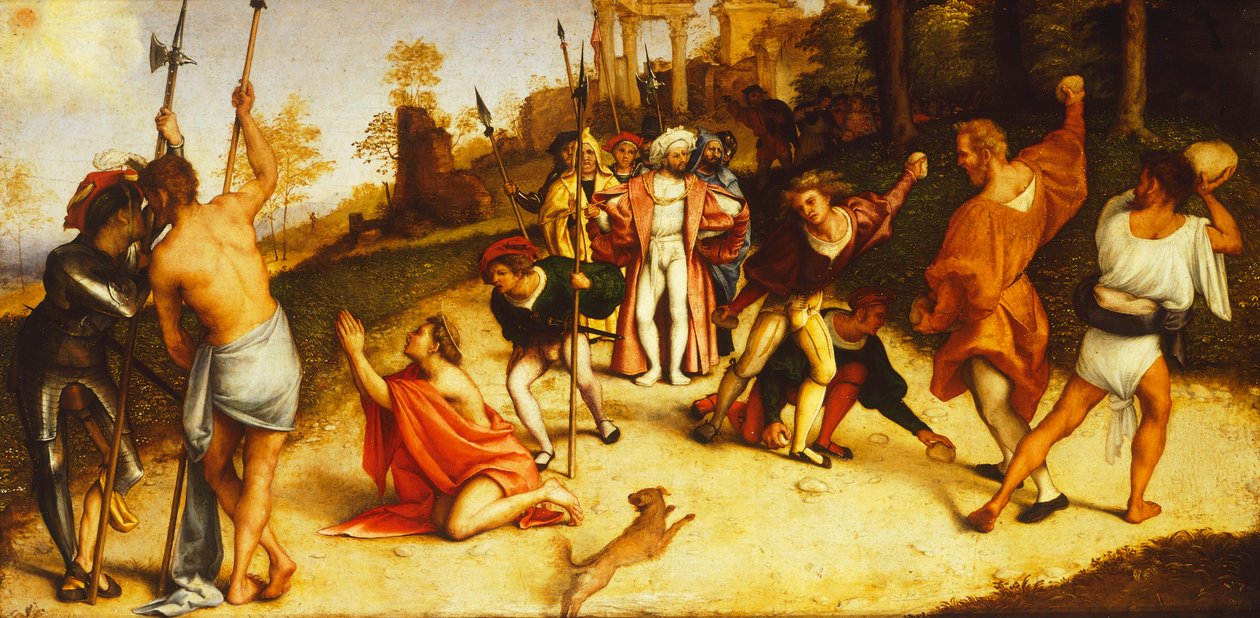 Męczeństwo św. Stefana, podział Ołtarza Martinengo Lorenza Lotto (1480 ok. 1556), olej na desce, 51x97 cm, ok. 1516 autorstwa Lorenzo Lotto