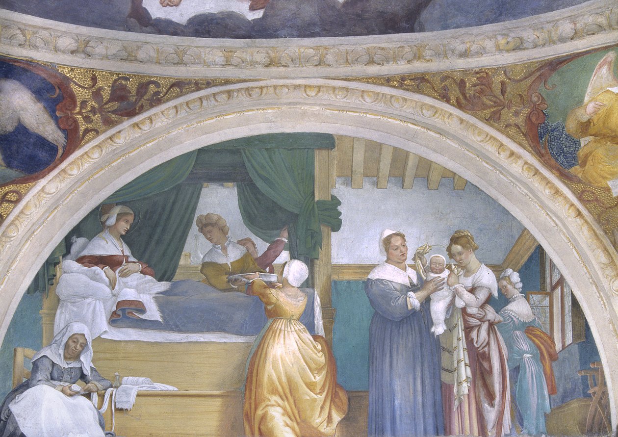 Narodzenie Dziewicy, luneta z kaplicy Lotta, 1525 r. autorstwa Lorenzo Lotto