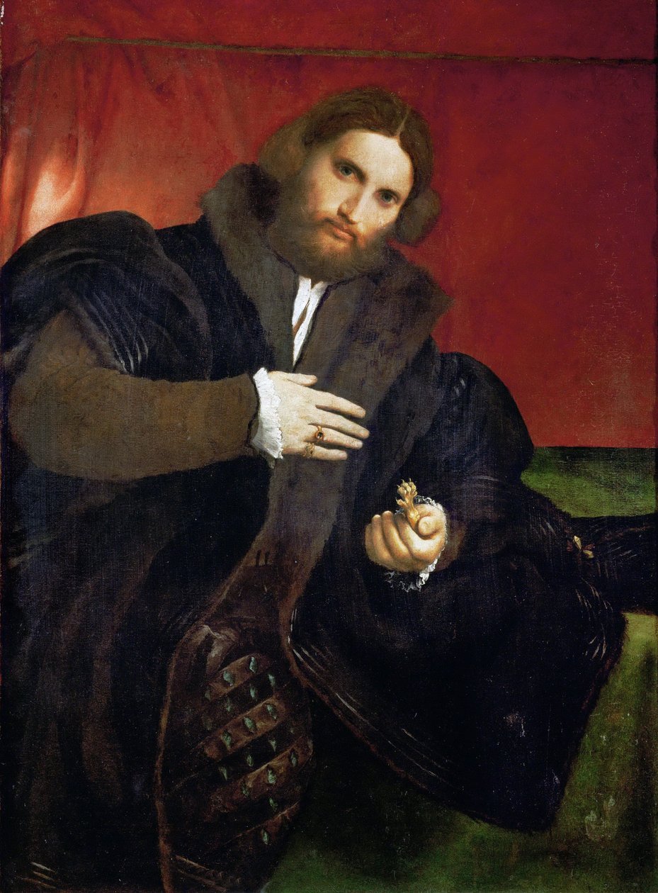 Renesans: Portret mężczyzny ze złotym pazurem (Leonino Brembate?) - Portret mężczyzny ze złotym zwierzęcym pazurem (Leonino Brembate) autorstwa Lotto, Lorenzo (1480-1556) autorstwa Lorenzo Lotto