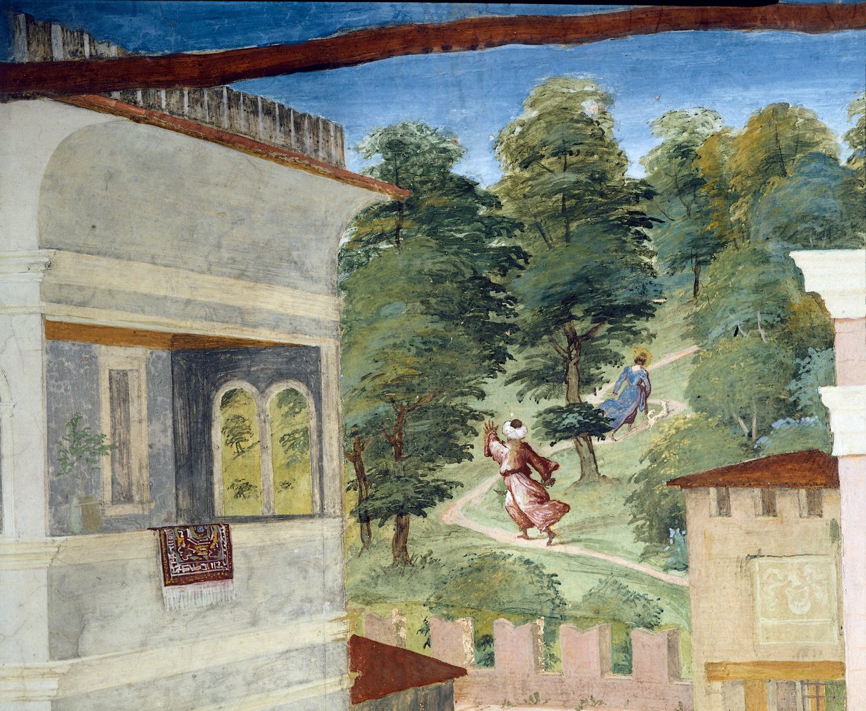 Św. Barbara ścigana przez las, Chrystus-Winorośl i Legenda o Świętej Barbarze autorstwa Lorenzo Lotto (ok. 1480 - 1556), fresk, detal Villa Suardi, Kaplica Suardi, Trescore Balneario, Włochy autorstwa Lorenzo Lotto