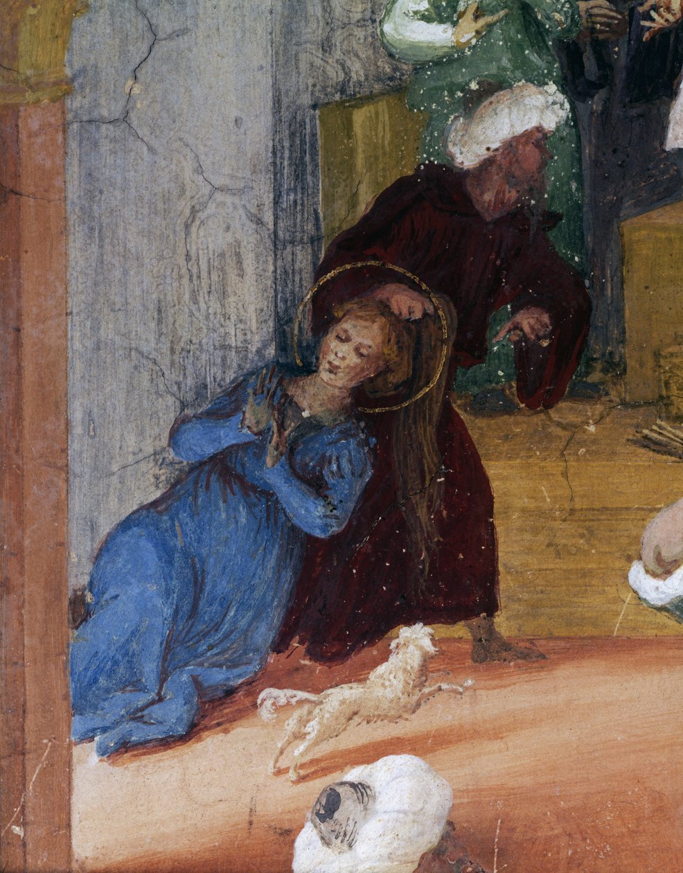Santa Barbara ciągnięta za włosy przed sędzią pokoju, szczegół z Opowieści św. Barbary autorstwa Lorenzo Lotto