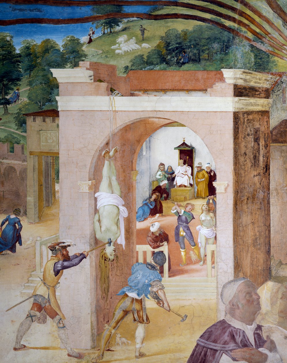 Santa Barbara na procesie przed sędzią marsjańskim, który każe ją torturować, szczegół z Opowieści o Świętej Barbarze autorstwa Lorenzo Lotto