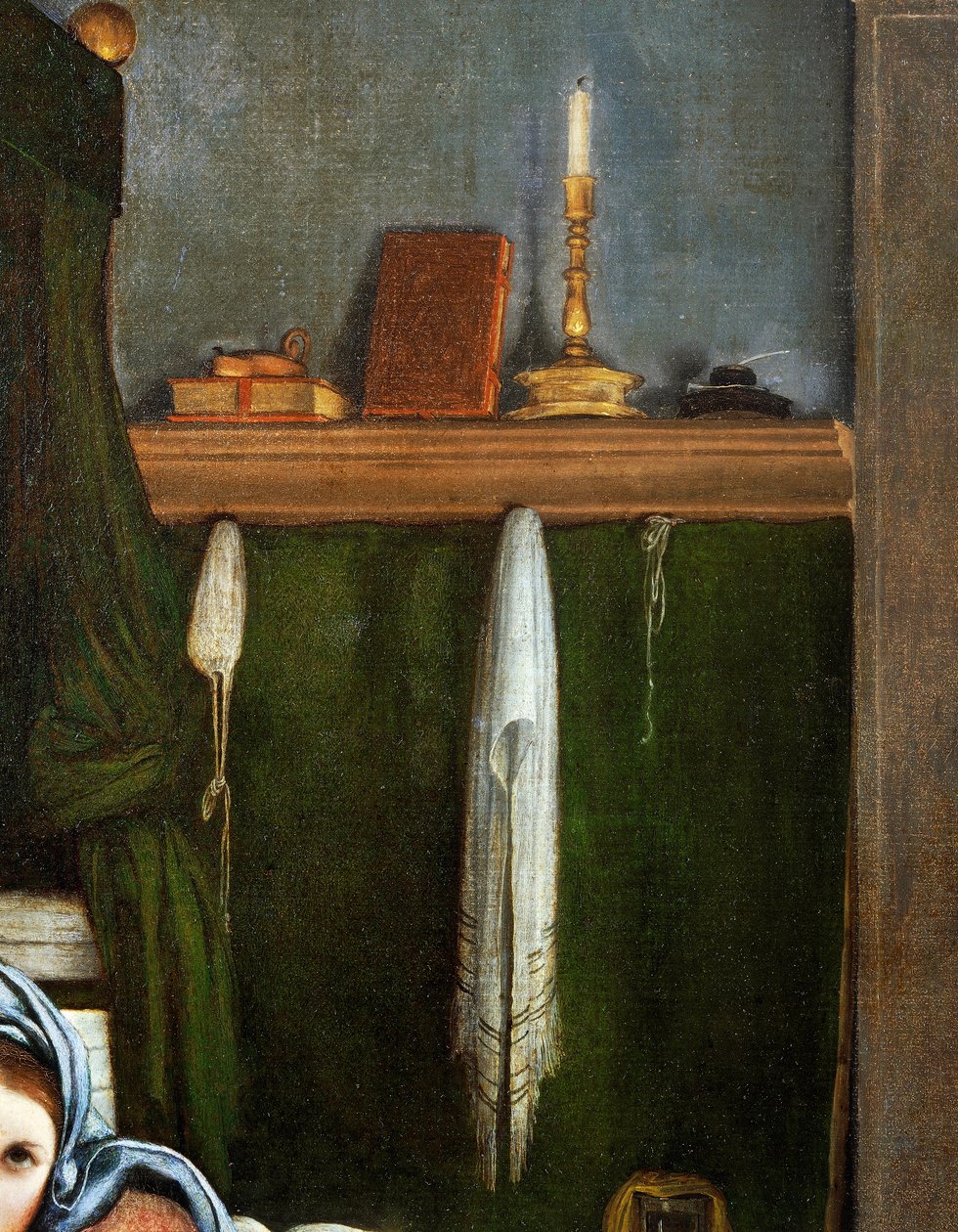 Półka z kandelabrami i książkami, detal z obrazu Zwiastowanie, ok. 1434, autor Lorenzo Lotto (1480-1556), olej na płótnie autorstwa Lorenzo Lotto