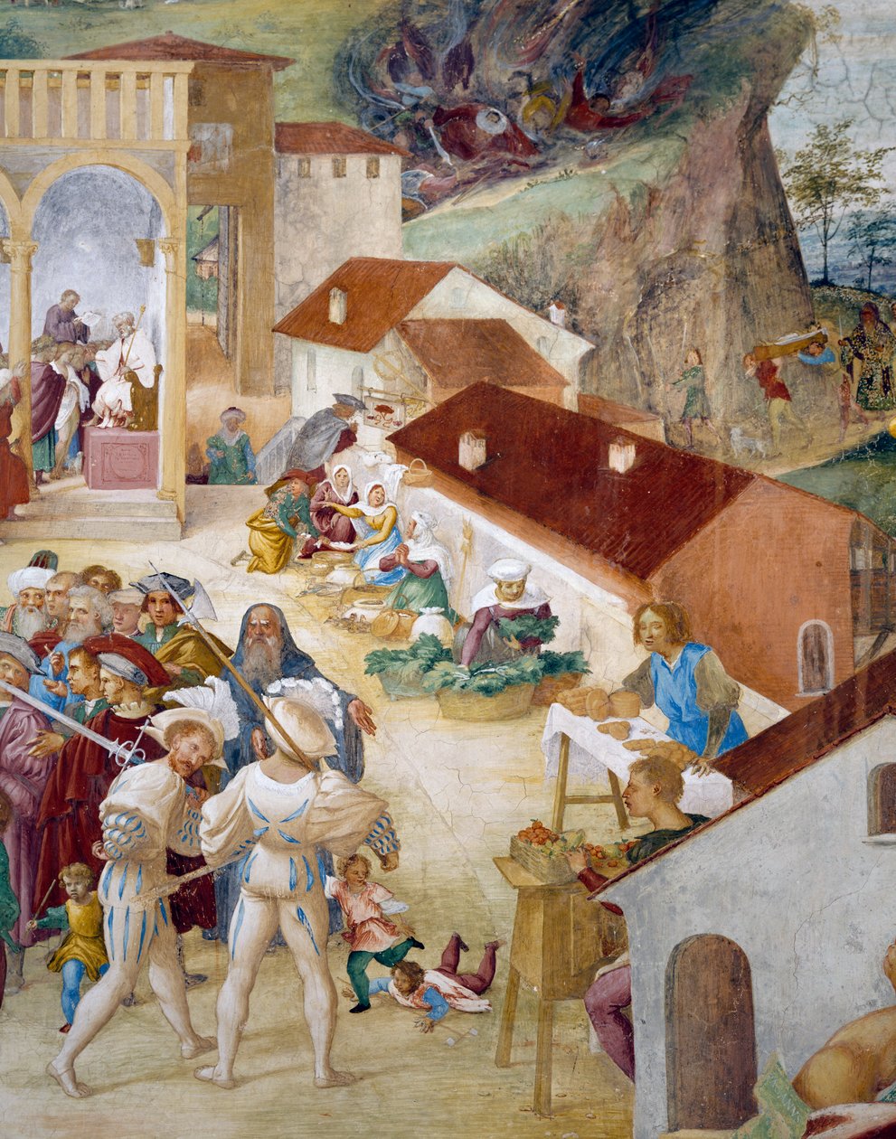 Żołnierze, zwykli ludzie i rynek, fragment z Opowieści św. Barbary autorstwa Lorenzo Lotto