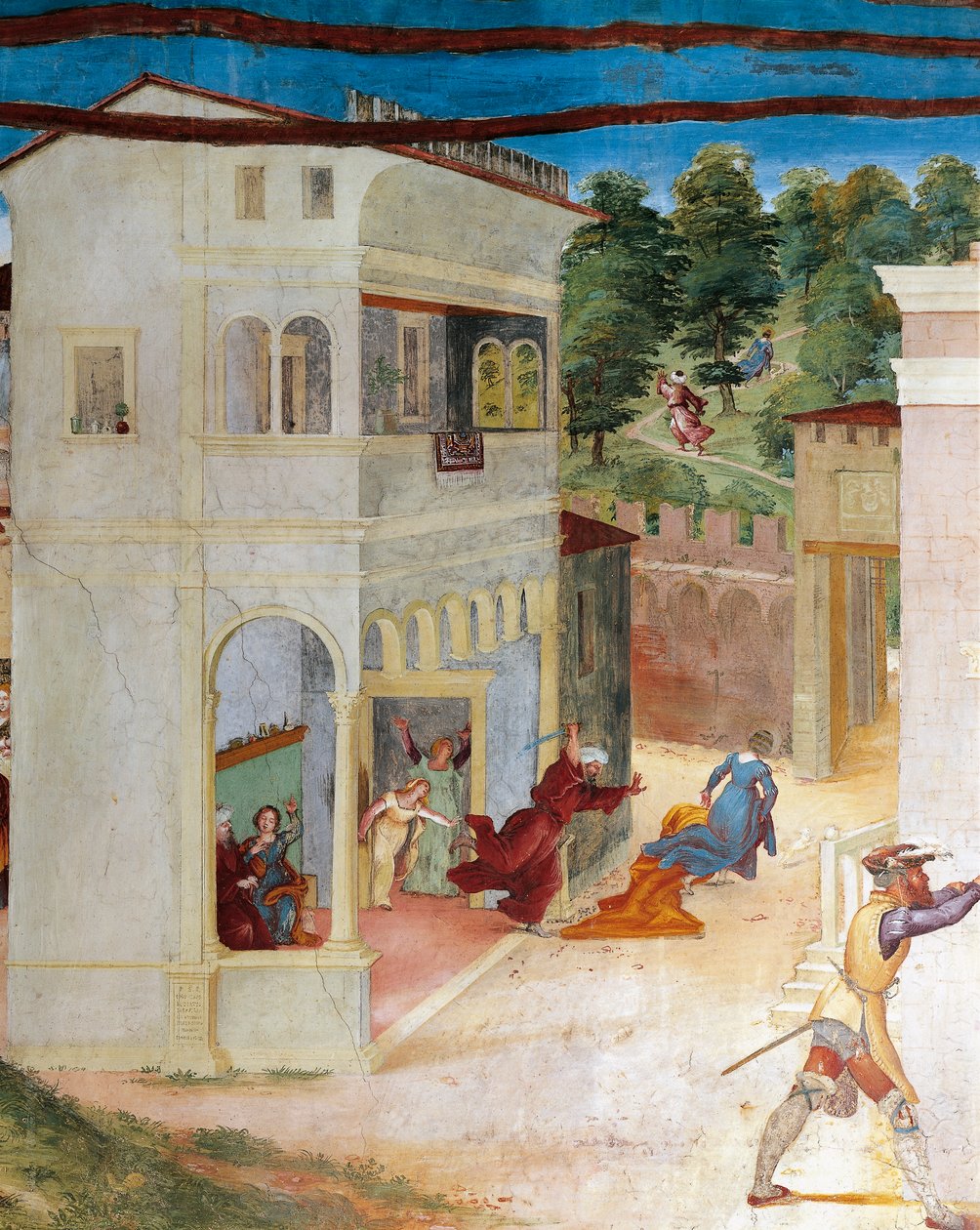 Św. Barbara zaatakowana przez ojca, fragment z Christ-Vine i Legenda o św. Barbarze autorstwa Lorenzo Lotto (ok. 1480 - 1556), fresk, fragment, Villa Suardi, Capella Suardi, Trescore Balneario autorstwa Lorenzo Lotto