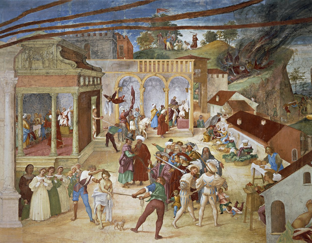 Św. Barbara prowadzona ulicami miasta, fragment z Christ-Vine i Legenda o św. Barbarze autorstwa Lorenzo Lotto (ok. 1480 - 1556), fresk, fragment, Villa Suardi, Capella Suardi, Trescore Balneario autorstwa Lorenzo Lotto