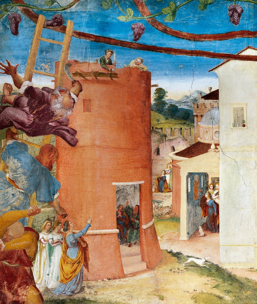 Św. Barbara w wieży, fragment z Christ-Vine i Legenda o św. Barbarze autorstwa Lorenzo Lotto (ok. 1480 - 1556), fresk, detal, Villa Suardi, Capella Suardi, Trescore Balneario autorstwa Lorenzo Lotto