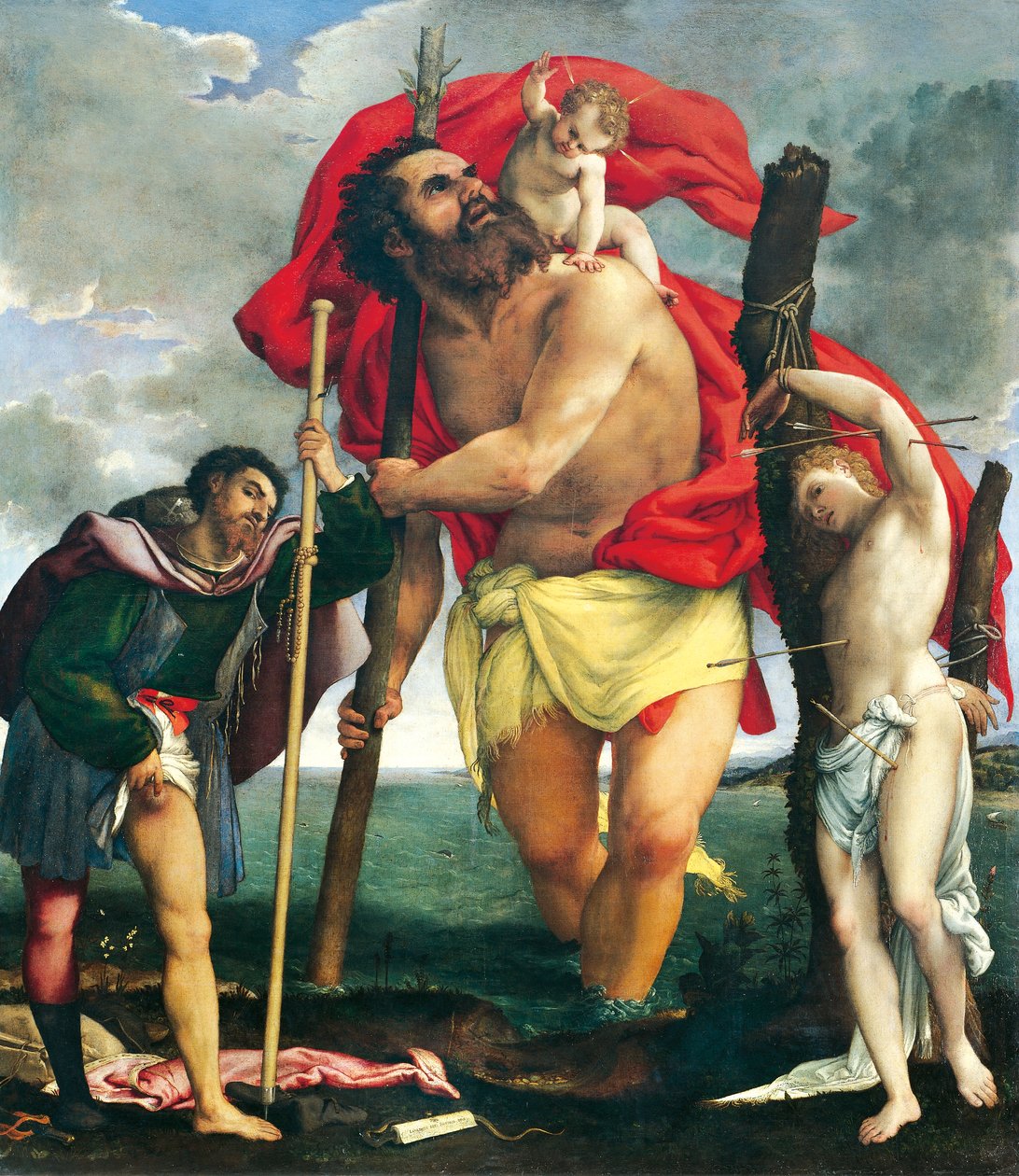 Św. Krzysztof między świętymi Rocco i Sebastianem autorstwa Lorenzo Lotto