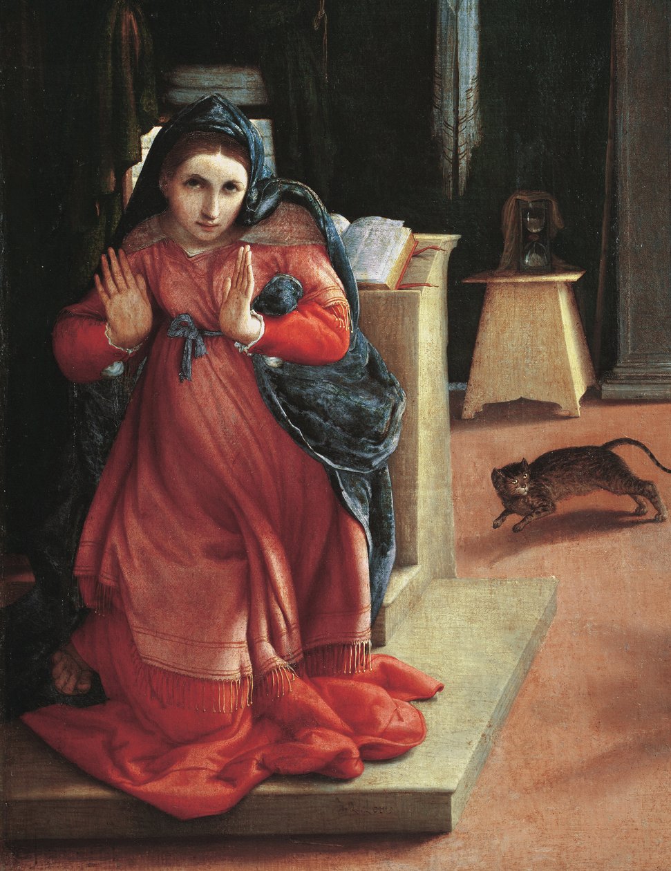 Zwiastowanie”” Fragment obrazu Dziewicy autorstwa Lorenzo Lotto (1480-1556) 1535 Pinacoteca Civica, Recanati, Włochy autorstwa Lorenzo Lotto