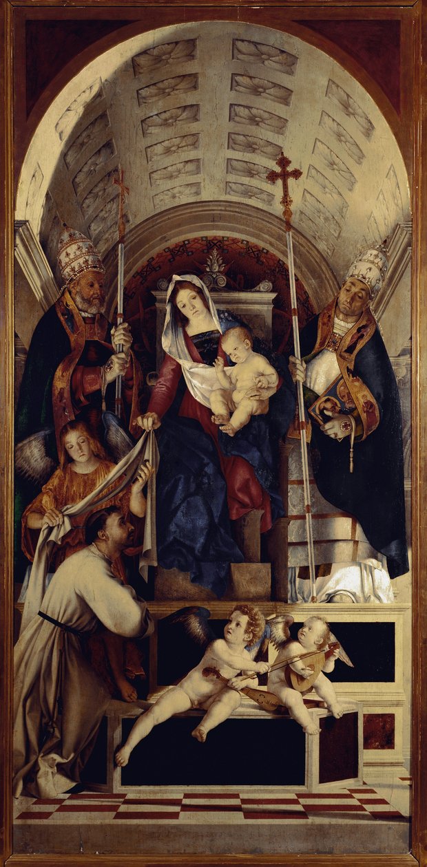 Dziewica z Dzieciątkiem ze św. Dominiką, św. Grzegorzem i św. Urbanem - Centralna część poliptyku Recanati (1508, olej na desce) autorstwa Lorenzo Lotto