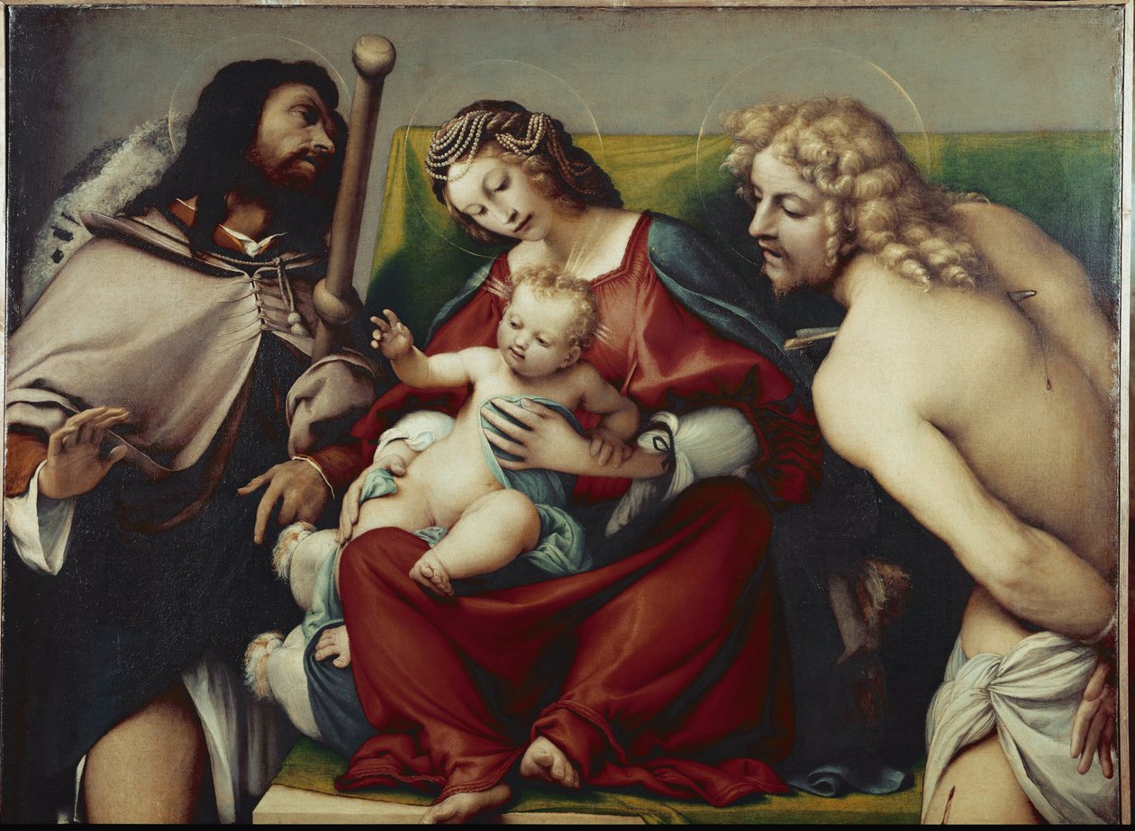 Matka Boska z Dzieciątkiem ze św. Rochem i św. Sebastianem (ok. 1518, olej na płótnie) autorstwa Lorenzo Lotto