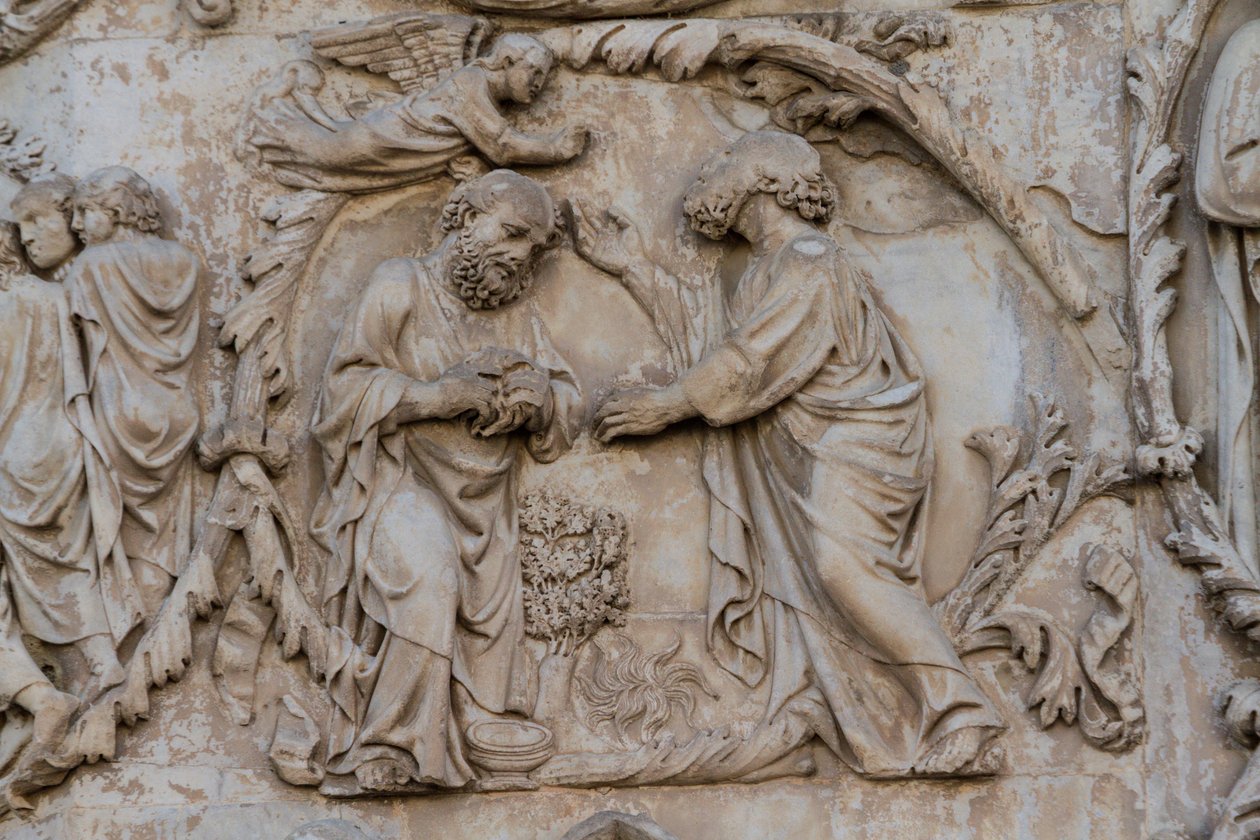 Gedeon wykręcający runo, fragment drzewa Jessego i proroctwa mesjańskie, Stories of Genesis, płaskorzeźby Lorenzo Maitani (przed 1275-1330), drugi filar, fasada katedry w Orvieto, Umbria, Włochy autorstwa Lorenzo Maitani
