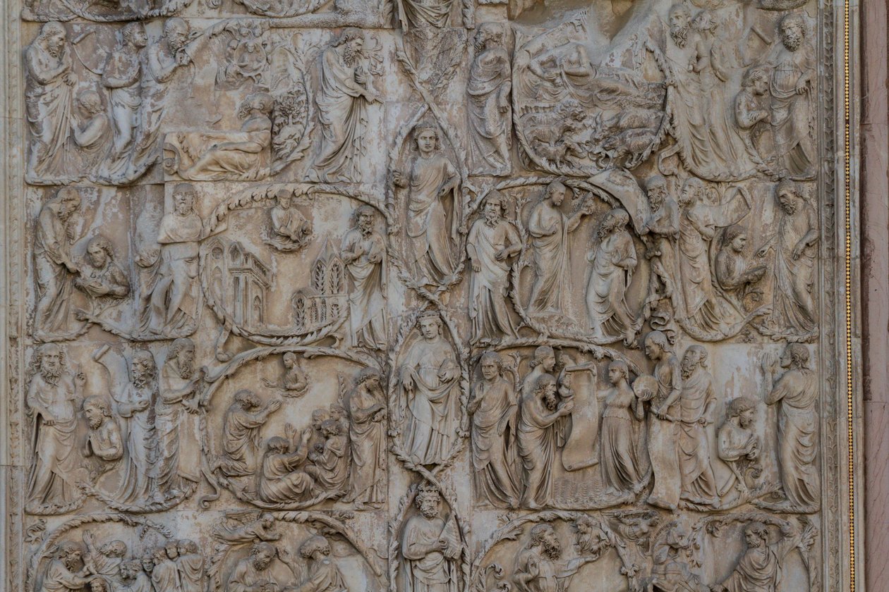 Drzewo Jessego i proroctwa mesjańskie, Stories of Genesis, płaskorzeźby Lorenzo Maitani (przed 1275-1330), drugi filar, fasada katedry w Orvieto, Umbria, Włochy autorstwa Lorenzo Maitani