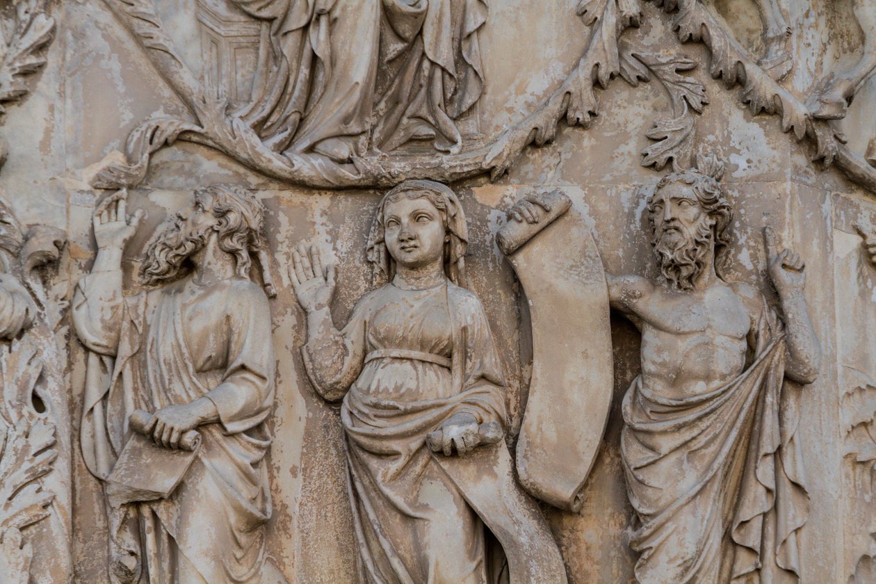 Prorocy, detal z drzewa Jessego i proroctwa mesjańskie, Stories of Genesis, płaskorzeźby Lorenzo Maitani (przed 1275-1330), drugi filar, fasada katedry w Orvieto, Umbria, Włochy autorstwa Lorenzo Maitani