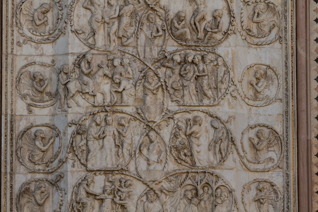 Sceny z życia Chrystusa, Opowieści z Nowego Testamentu, płaskorzeźby Lorenzo Maitani (przed 1275-1330), trzeci filar, fasada katedry w Orvieto, Umbria, Włochy autorstwa Lorenzo Maitani