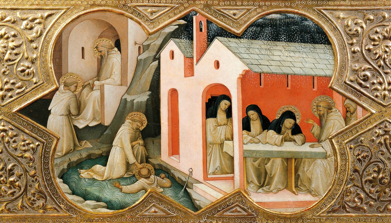 Ołtarz Koronacji NMP (Incoronazione della Vergine). Detal przedstawiający sceny z życia św. Benedykta z Nursji autorstwa Lorenzo Monaco