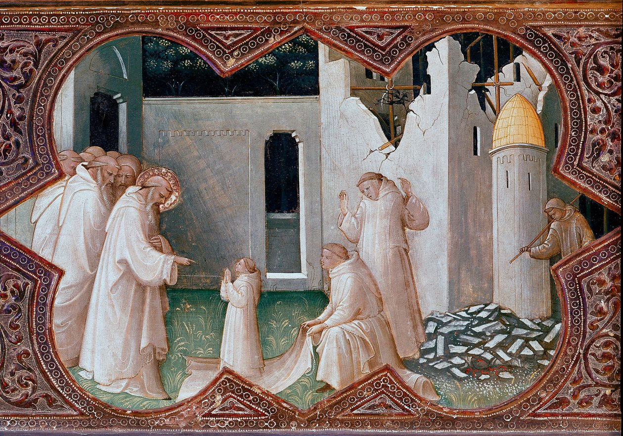 Ołtarz koronacyjny Matki Boskiej: „Święty Benedykt z Nursji wskrzesza mnicha” Detrempe na drewnie – Piero di Giovanni dit Lorenzo Monaco (1370-1424) 1413 Florencja, galeria Uffizi autorstwa Lorenzo Monaco