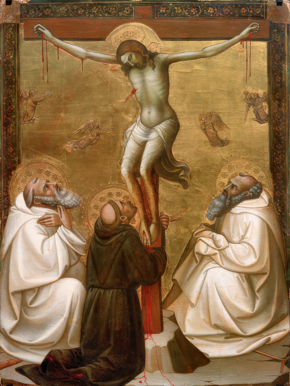 Chrystus na krzyżu ze św. Benedyktem, Franciszkiem i Romualdem autorstwa Lorenzo Monaco