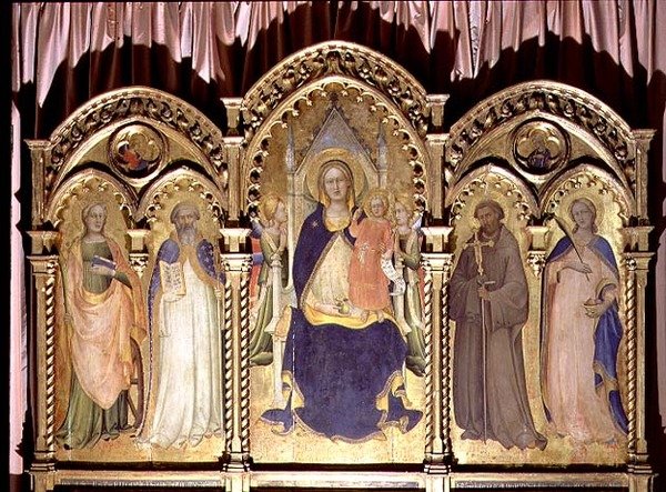 Madonna z Dzieciątkiem na tronie SS. Łucja, Jan Gualberto, Benedykt i Katarzyna, poliptyk 1413 autorstwa Lorenzo Monaco