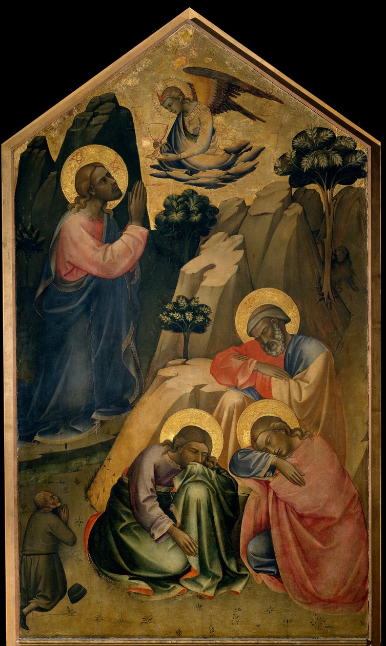 Modlitwa w Ogrodzie Oliwnym Chrystus w modlitwie widzi anioła, który niesie mu Świętego Graala i zapowiada jego śmierć. Apoterzy św. Piotra, św. Jana i św. Jakuba śpią. Obraz na drewnie Lorenzo Monaco (ok. 1370-ok. 1423/1424) Florencja, Galler autorstwa Lorenzo Monaco