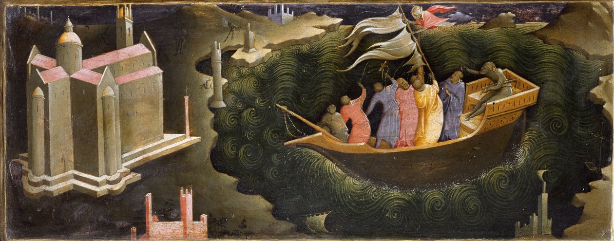 Przedstawienie św. Mikołaja uspokajającego Tempete Nicolas de Myra (lub Nicolas de Bari) ratującego łódź przed zatonięciem. Obraz na drewnie Lorenzo Monaco (ok. 1370-ok. 1423/1424) Florencja, Galleria del 