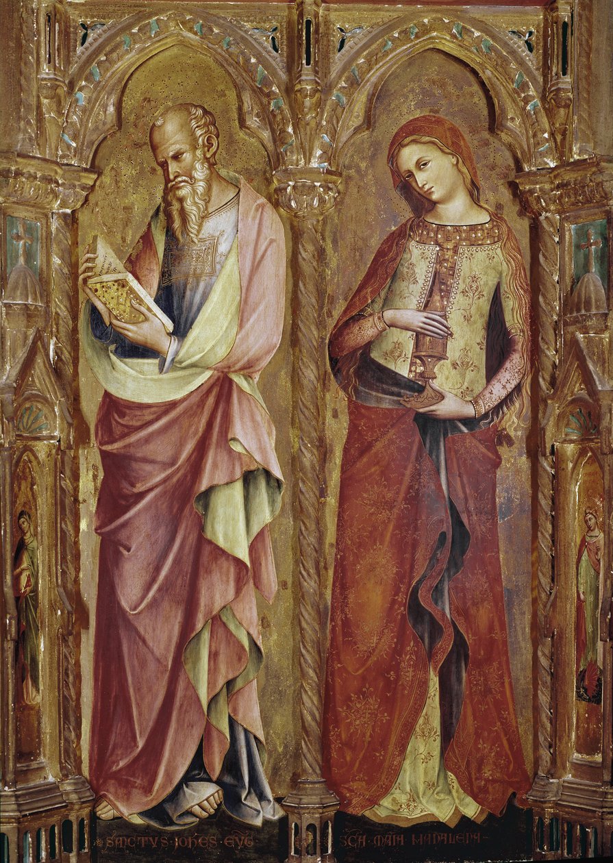 Św. Jan Ewangelista i Św. Maria Magdalena - Fragment poliptyku Zwiastowania (1357, tempera i złoty płatek na desce) autorstwa Lorenzo Veneziano