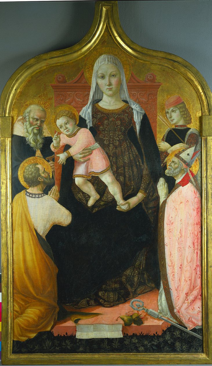 Dziewica z Dzieciątkiem, ze świętymi Antonim Abbottem, Markiem, Severino i Sebastianem, c. 1490-96 autorstwa Lorenzo dAlessandro da Severino II