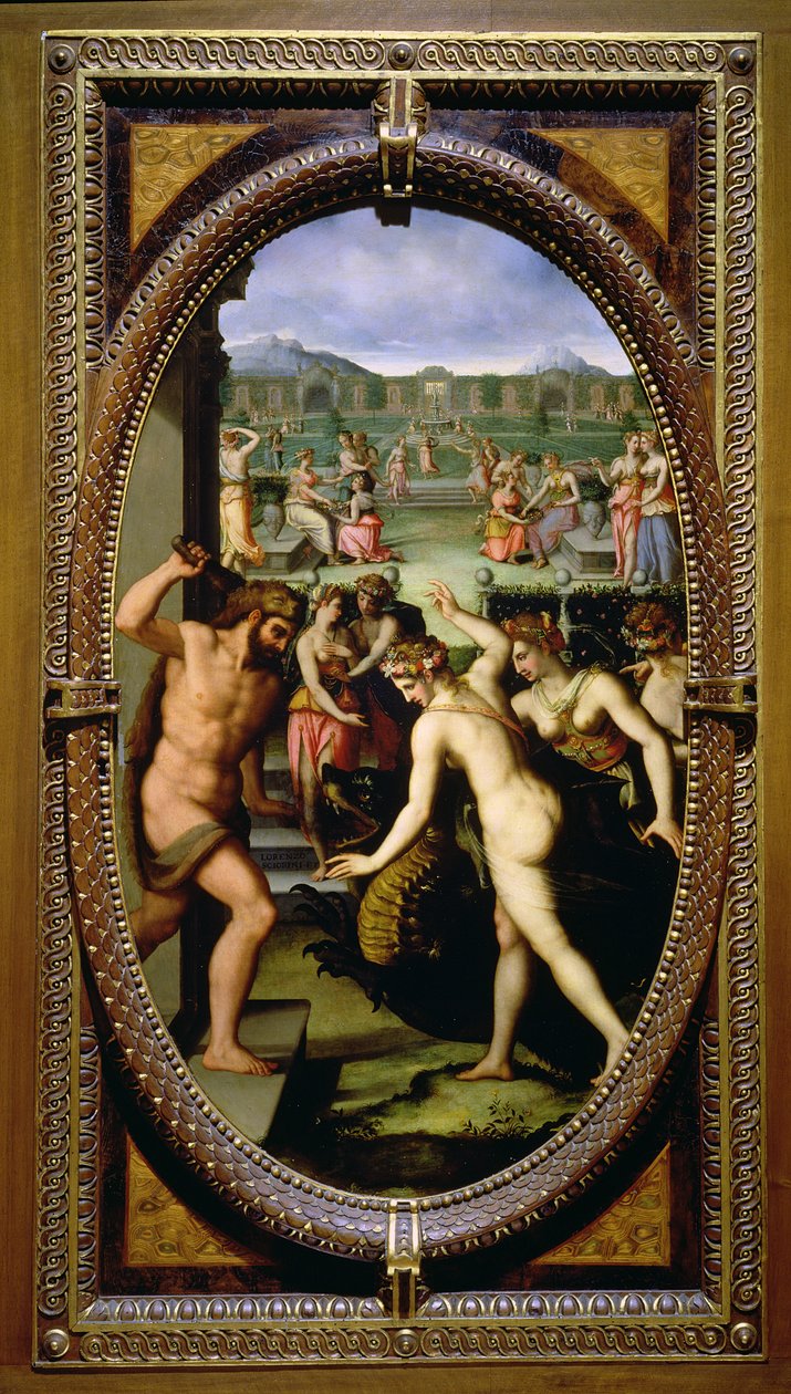 Herkules zabija smoka Hesperydów, 1572 (olej na łupku) autorstwa Lorenzo dello Sciorina