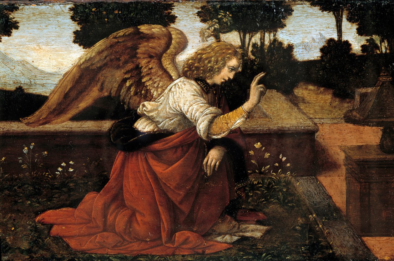 Fragment obrazu „Zwiastowanie” autorstwa Lorenzo di Credi (1458-1537) XV-wieczne słońce. 0,16x0,6 m (L